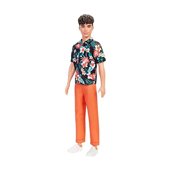 Barbie - Poupée Ken Fashionistas n° 184 - Tenue avec Chemise Hawaïenne et Pantalon à Revers Orange - Emballage Réutilisable -