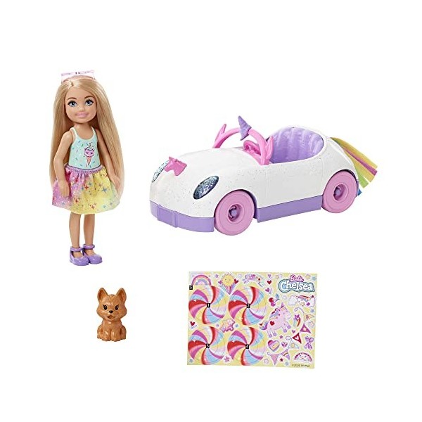 Barbie Famille mini-poupée Chelsea avec voiture décapotable licorne, figurine de chiot, autocollants et accessoires, jouet po