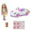 Barbie Famille mini-poupée Chelsea avec voiture décapotable licorne, figurine de chiot, autocollants et accessoires, jouet po