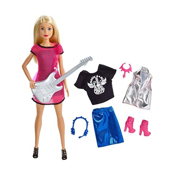 Barbie Métiers Poupée Rockstar, Musicienne avec Guitare Argentée et Une Tenue Supplémentaire et Accessoires, Jouet pour Enfan