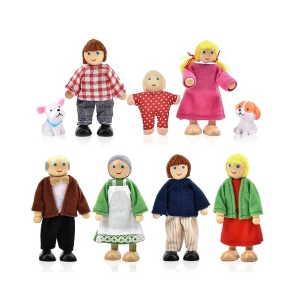 Riisoyu Famille de Poupée en Bois, 9 Mini Articulées Marionnettes Personnage Maison de Poupee Dolls de Jeu de Simulation Fami