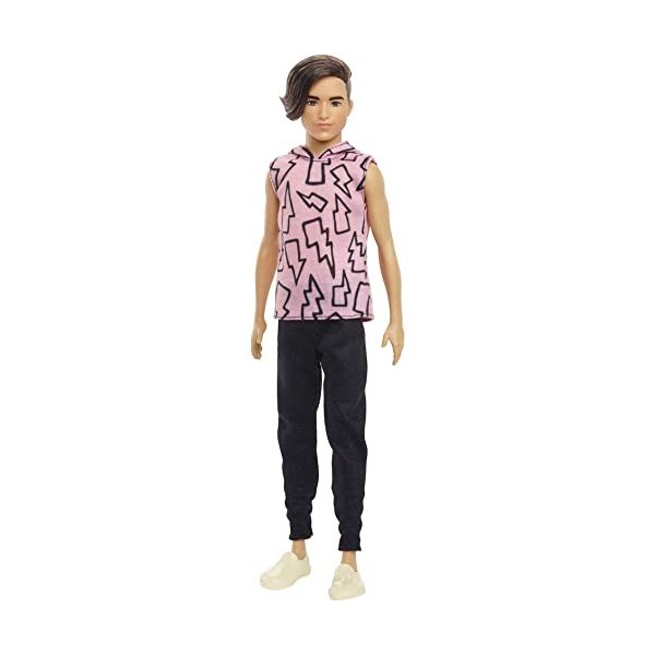 Barbie Fashionistas poupée mannequin Ken 193 brun, avec débardeur rose imprimé éclairs et pantalon noir, jouet pour enfant, 