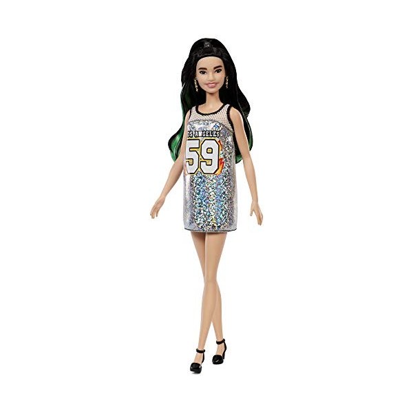 Barbie Fashionistas poupée mannequin 110 avec longs cheveux noirs et mèches vertes et robe-débardeur pailletée, jouet pour e