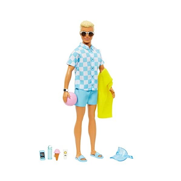 Barbie Plage Poupée Ken Blonde Avec Chemise Bleue Et Short De Bain, Casquette Visière, Serviette Et Accessoires Pour La Plage