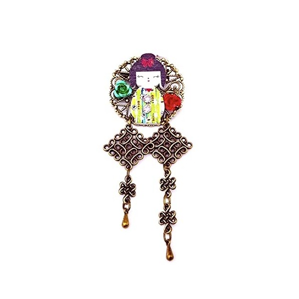 Broche Kokeshi Poupée Japonaise Fleur du Sakura métal bronze filigrane