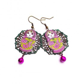 Boucles doreilles style traditionnelle Russian Slave Matriochka Poupée russe en bois Russia Moscou support filigrane . str