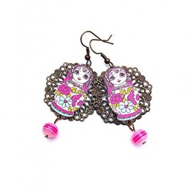 Boucles doreilles Russian Slave Matriochka Poupée russe en bois Russia Moscou support. verte, rouge, violette, jaune, rose