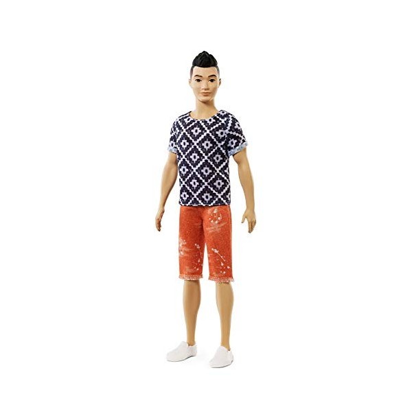 Barbie Fashionistas poupée mannequin 115 Ken avec haut à motif géométrique et short orange, jouet pour enfant, FXL62