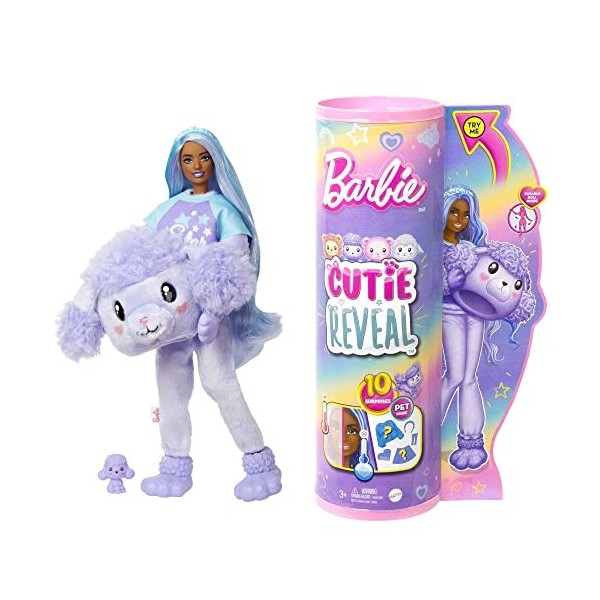 Barbie Coffret Poupée Mannequin Cutie Reveal Série T-Shirt Confort « Star » Incluant 10 Surprises, Costume Caniche En Peluche