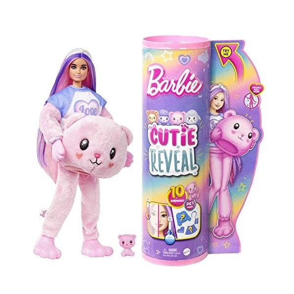 Barbie Coffret Poupée Mannequin Cutie Reveal Série T-Shirt Confort « Star » Incluant 10 Surprises, Costume Caniche En Peluche