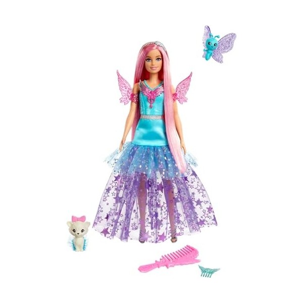 Barbie A Touch Of Magic Poupée Malibu Avec Cheveux Longs Colorés 18 Cm , Robe Avec Détails Ailés Et 2 Animaux Féeriques, Jou