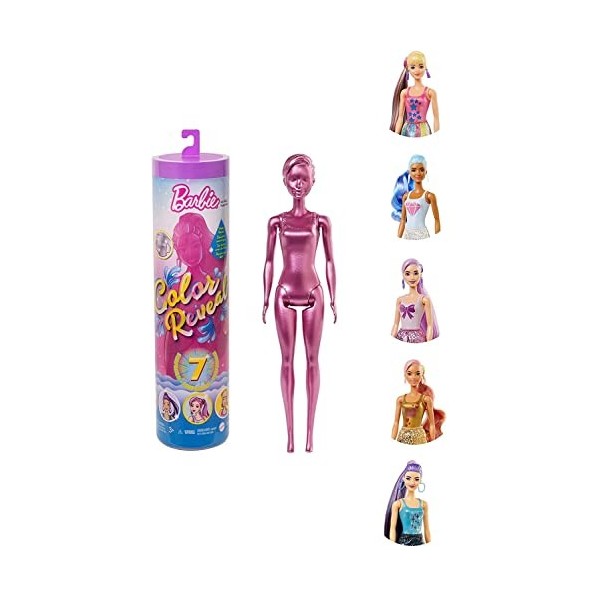 Barbie Color Reveal Poupée avec 7 éléments Mystère, Série Monochrome, 4 Sachets Surprise, Modèle Aléatoire, Jouet pour Enfant