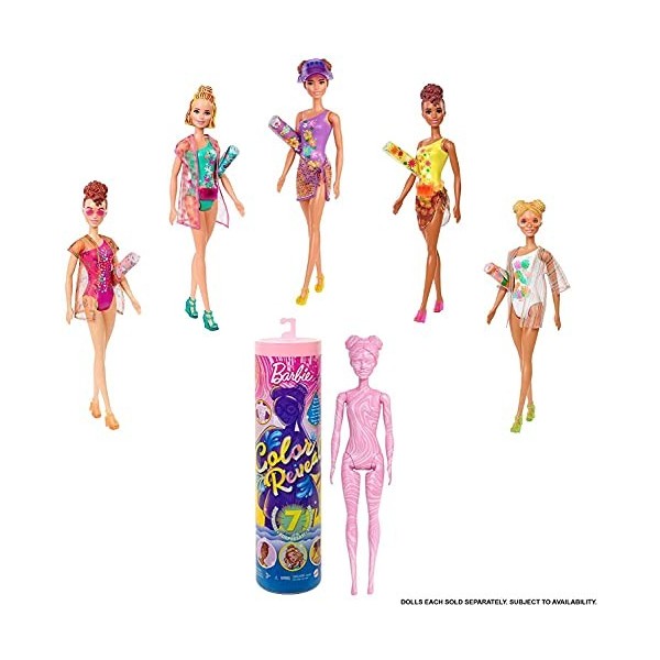 Barbie Color Reveal Poupée avec 7 éléments Mystère, Série Monochrome, 4 Sachets Surprise, Modèle Aléatoire, Jouet pour Enfant