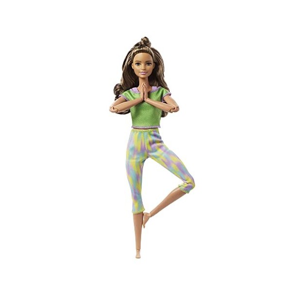 Barbie Made to Move poupée articulée Fitness ultra flexible brune, Legging dégradé jaune et bleu et 22 points darticulations