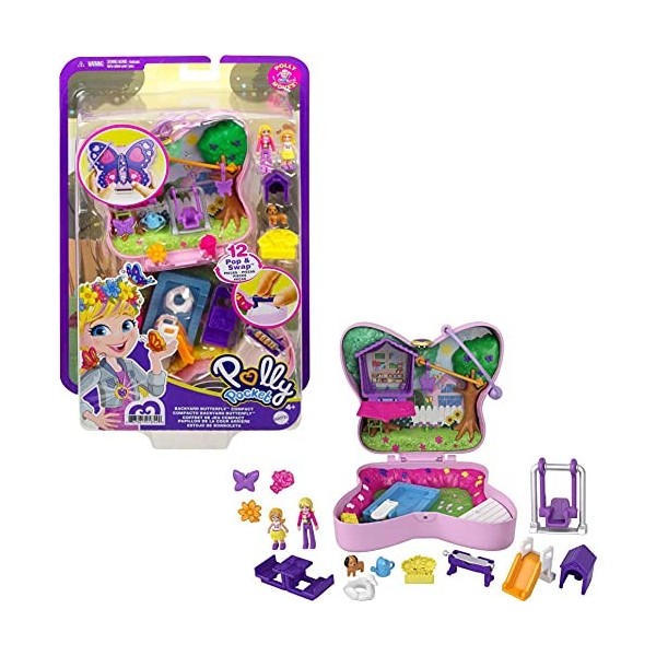 Polly Pocket Coffret Univers Le Jardin Papillon, mini-figurines Polly et sa maman, 5 surprises et 12 accessoires, jouet pour 