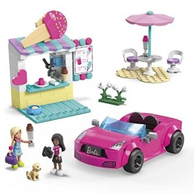 MEGA Barbie Décapotable Rose Et Stand De Glaces avec 225 Blocs, Dont 2 Mini-Poupées À Assembler, 1 Petit Chien, Et Accessoire