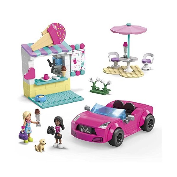 MEGA Barbie Décapotable Rose Et Stand De Glaces avec 225 Blocs, Dont 2 Mini-Poupées À Assembler, 1 Petit Chien, Et Accessoire