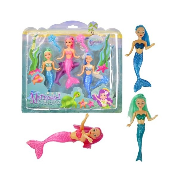7 pièces Bath Time 3 poupées princesse sirène avec cheveux longs et accessoires, jouets imperméables sur le thème de locéan,