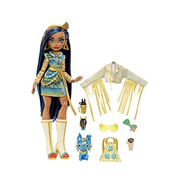 Monster High Poupée Cleo De Nile Avec Accessoires Et Animal De Compagnie, Poupée Mode Articulée, Cheveux Avec Mèches Bleues, 