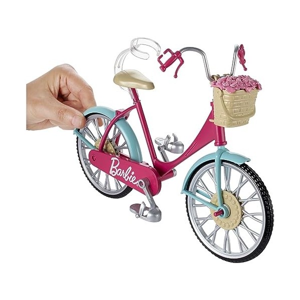 Barbie Mobilier Bicyclette pour poupée, vélo fourni avec casque bleu et panier avec des roses, jouet pour enfant, DVX55