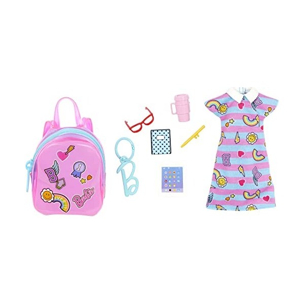 Barbie Sac à linge Deluxe à clipser avec tenue scolaire et cinq accessoires thématiques pour poupées Barbie, Multicolore, Mod