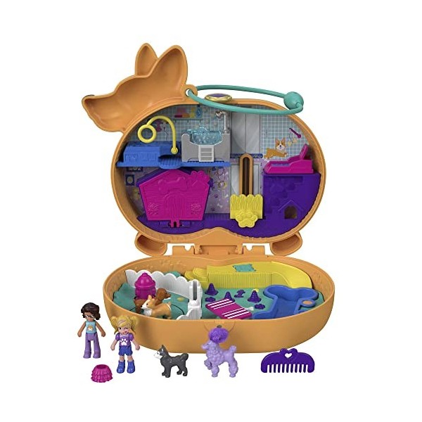 Polly Pocket Coffret Univers Hôtel de Corgi, mini-figurines Polly, Shani et leurs 2 chiens, surprises incluses, jouet pour en