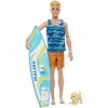 Barbie Coffret Surf Ken Poupée Ken Blonde Articulée, Planche De Surf, Chiot, Accessoires, Jouet Enfant, Dès 3 Ans, HPT50