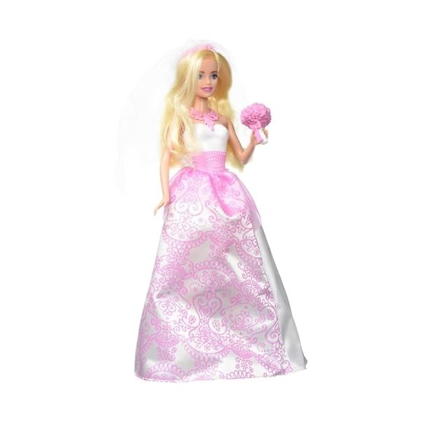 Barbie poupée Mariée en robe de mariage blanche et rose avec son voile et un bouquet, jouet pour enfant, CFF37