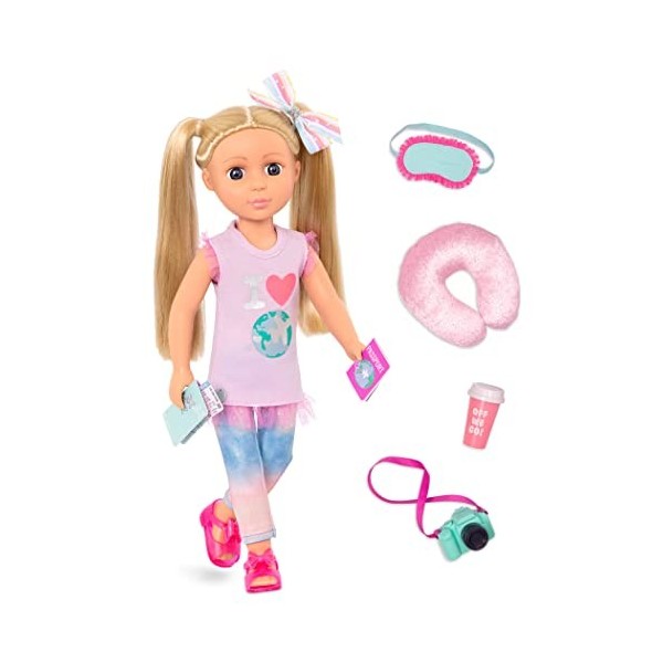 Glitter Girls – 14-inch Poseable Travel Doll with Outfit & Camera – Blonde Hair & Unique Purple Eyes – Clothes, and Accessori