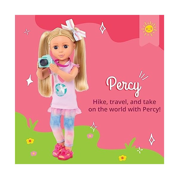 Glitter Girls – 14-inch Poseable Travel Doll with Outfit & Camera – Blonde Hair & Unique Purple Eyes – Clothes, and Accessori