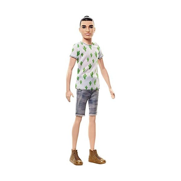 Barbie Fashionistas poupée mannequin Ken 16 brun avec t-shirt à imprimé cactus, short gris et chaussures dorées, jouet pour 