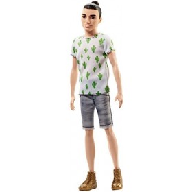 Barbie Fashionistas poupée mannequin Ken 16 brun avec t-shirt à imprimé cactus, short gris et chaussures dorées, jouet pour 