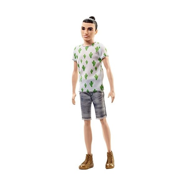 Barbie Fashionistas poupée mannequin Ken 16 brun avec t-shirt à imprimé cactus, short gris et chaussures dorées, jouet pour 