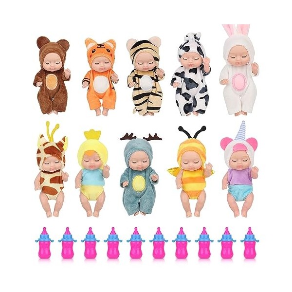 FENGQ Mini Reborn Dolls, 10 Mini Baby Dolls avec 10 Biberons, Accessoires de Poupée, Poupées Miniatures de Renaissance Endorm