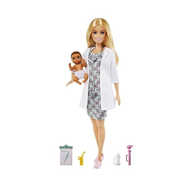 Barbie Métiers coffret Pédiatre avec poupée blonde en blouse blanche de médecin, bébé et accessoires, jouet pour enfants, GVK