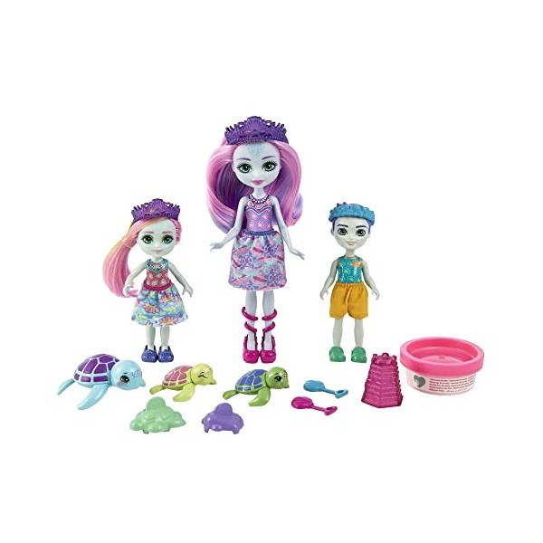 Enchantimals Royaume de locéan Coffret Famille de Tinsley Tortue, avec 3 mini-poupées, 3 mini-figurines et accessoires, joue