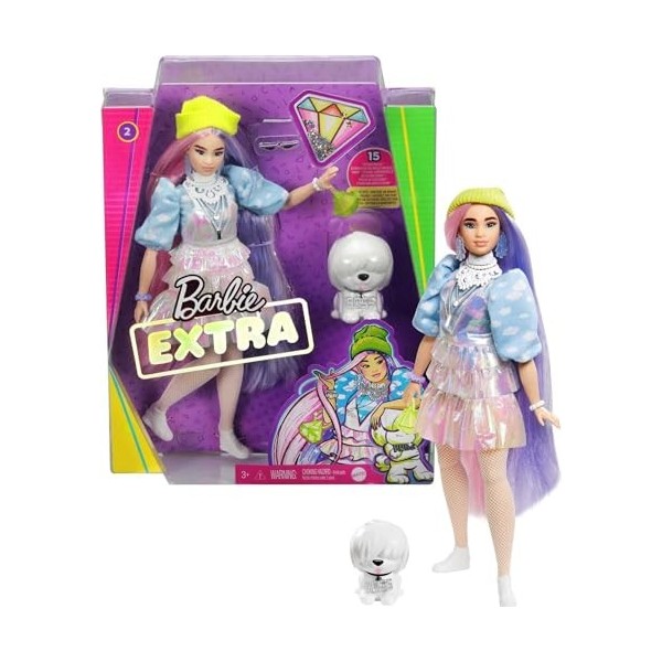 Barbie Extra poupée articulée aux cheveux roses et bleus, look tendance et oversize, avec figurine animale et accessoires, jo