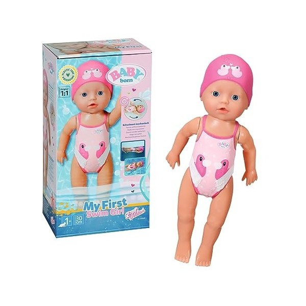 BABY born Ma première nage Fille 834060 - Poupée de 30cm avec maillot de bain fixe et bonnet pour les jeux aquatiques - Fonct