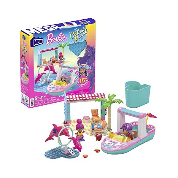 MEGA Coffret de construction MEGA Barbie Color Reveal, avec plus de 10 surprises, 2 mini-poupées et 2 dauphins, Jouet Enfant,