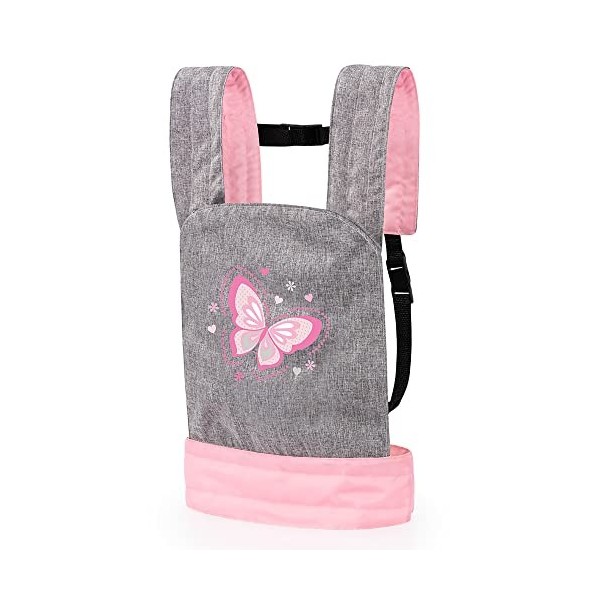 Bayer Design-62233AA Porte bébé pour Poupon EasyCarry, Accessoires Poupées, Sac à Dos, réglable, Gris, Rose, Papillon, 62233A