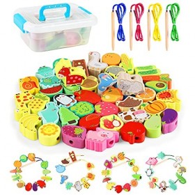 FORMIZON Perles en Bois Jouet, 42pcs Jouets en Bois danimaux et Brochettes de Fruits, Jouet dapprentissage Compétences Motr