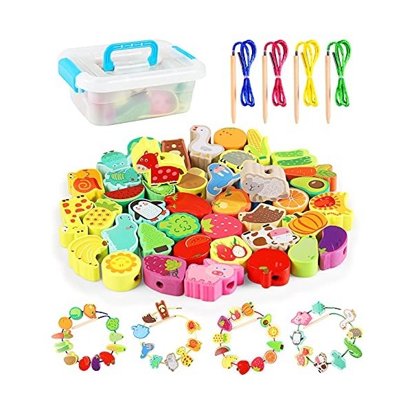 FORMIZON Perles en Bois Jouet, 42pcs Jouets en Bois danimaux et Brochettes de Fruits, Jouet dapprentissage Compétences Motr