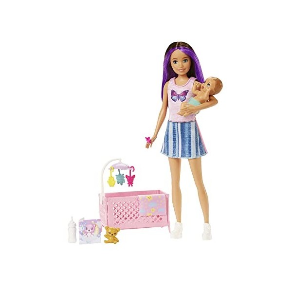 Barbie Coffret Skipper Baby-Sitter berceau avec poupée mannequin, bébé aux yeux endormis, mobilier et accessoires dans le thè