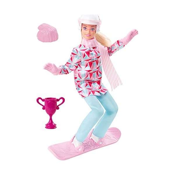 Barbie Snowboardeuse - Poupée Blonde Articulée avec Snowboard et Trophée - Tenue de Sports dHiver et Casque - 30 cm - Dès 3 