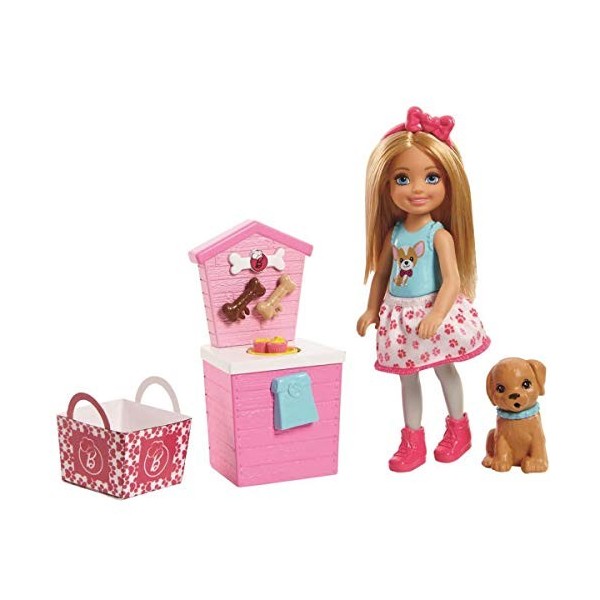 Barbie Famille mini-poupée Chelsea et son Chiot avec figurine danimal et stand animalerie avec friandises, jouet pour enfant