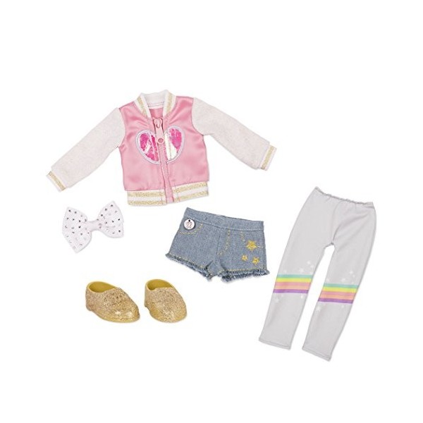 Our Generation Girls – Layered Leggings Denim Shorts & Pink Heart Jacket – Rainbow Tights, Hair Bow, Glitter Shoes – 14-inch 