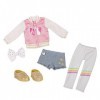 Our Generation Girls – Layered Leggings Denim Shorts & Pink Heart Jacket – Rainbow Tights, Hair Bow, Glitter Shoes – 14-inch 