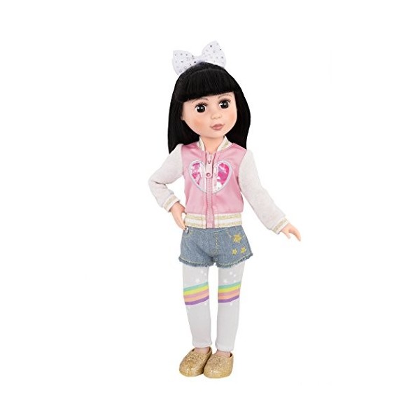 Our Generation Girls – Layered Leggings Denim Shorts & Pink Heart Jacket – Rainbow Tights, Hair Bow, Glitter Shoes – 14-inch 