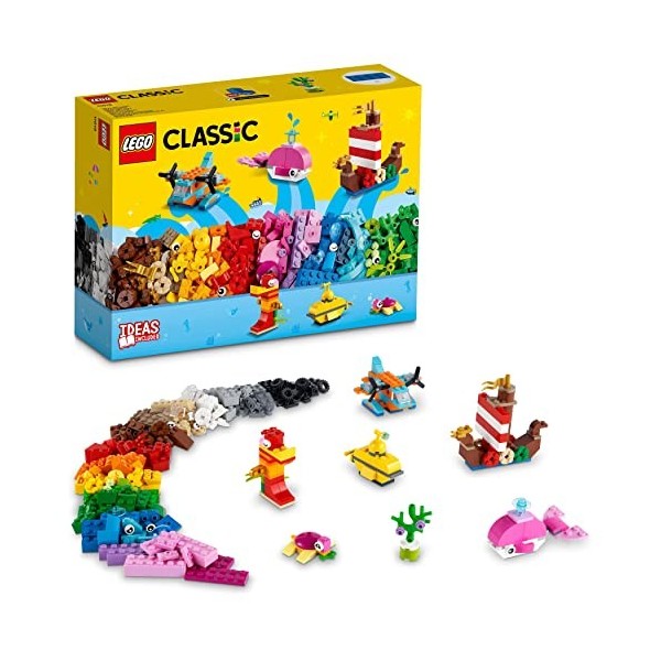 LEGO 11018 Classic Jeux Créatifs dans L’Océan, Boite de Briques, 6 Modèles Miniatures de Bateau, sous-Marin, Baleine, Hippoca