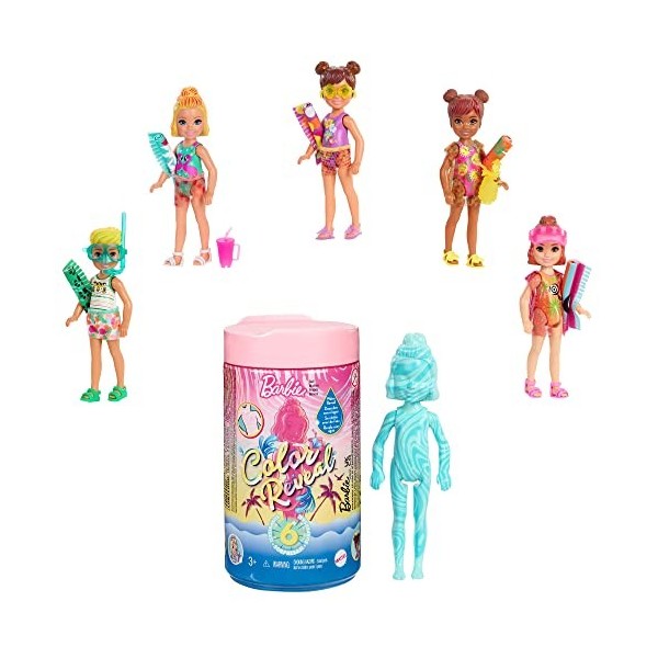 Barbie Color Reveal mini-figurine bébé dans un coffret en forme de fruit, 3 sachets mystères, Série Plage, modèle aléatoire, 